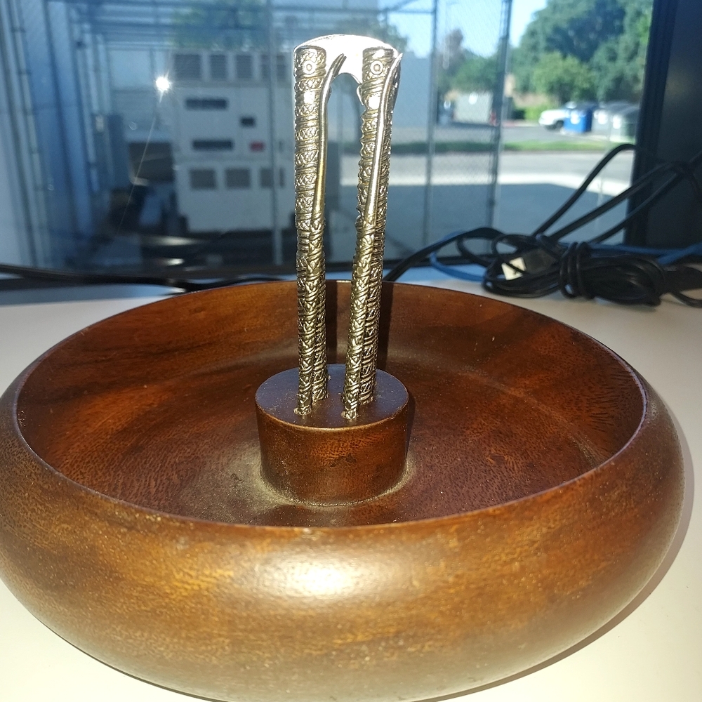 MCM Wooden Bowl with Original Nut Cracker And Picks.